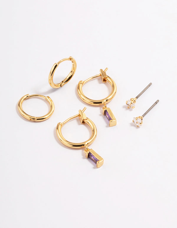Gold Plated Cubic Zirconia Amethyst Cut Huggie Earrings 6-Pack