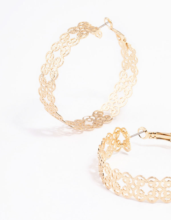 Gold Mid Thick Filigree Hoop Earrings