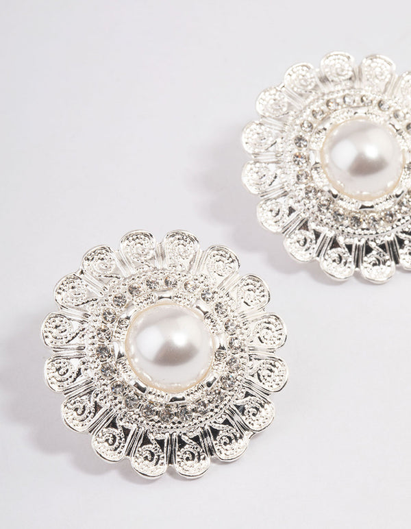 Silver Vintage Stone Filigree Stud Earrings