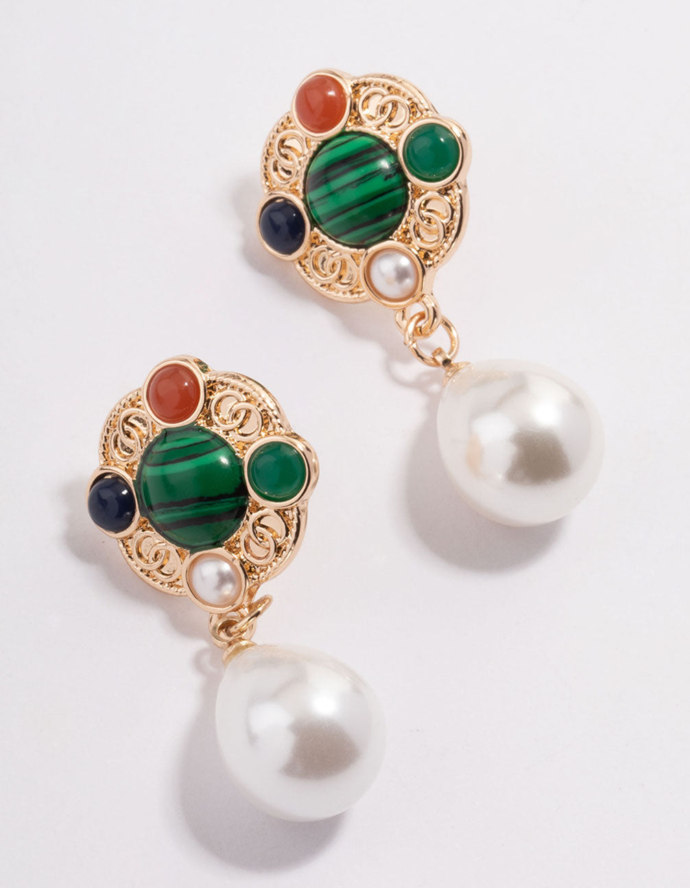 Gold Red Stone Texture Pearl Drop Earrings