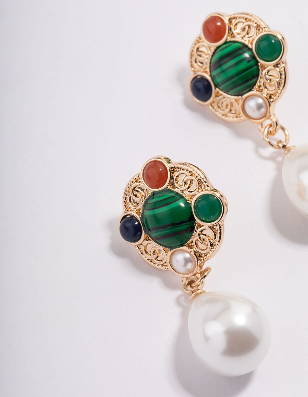 Gold Red Stone Texture Pearl Drop Earrings
