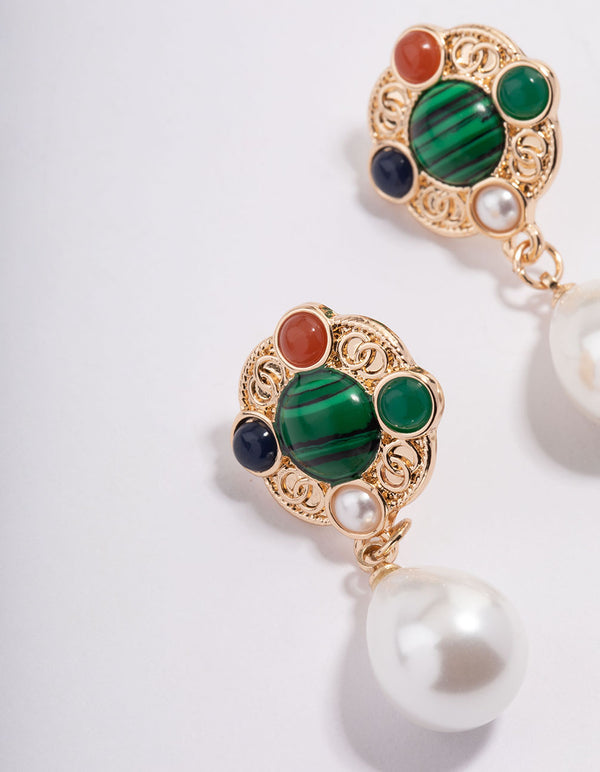 Gold Red Stone Texture Pearl Drop Earrings