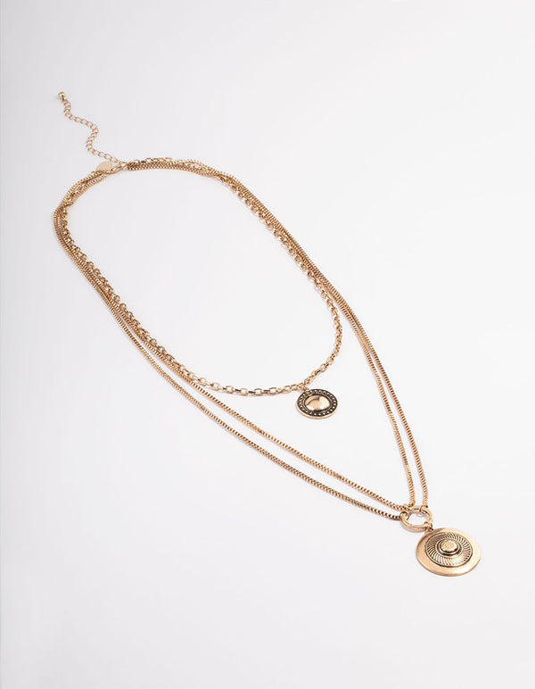 Gold Double Row Mixed Chain Shield Necklace
