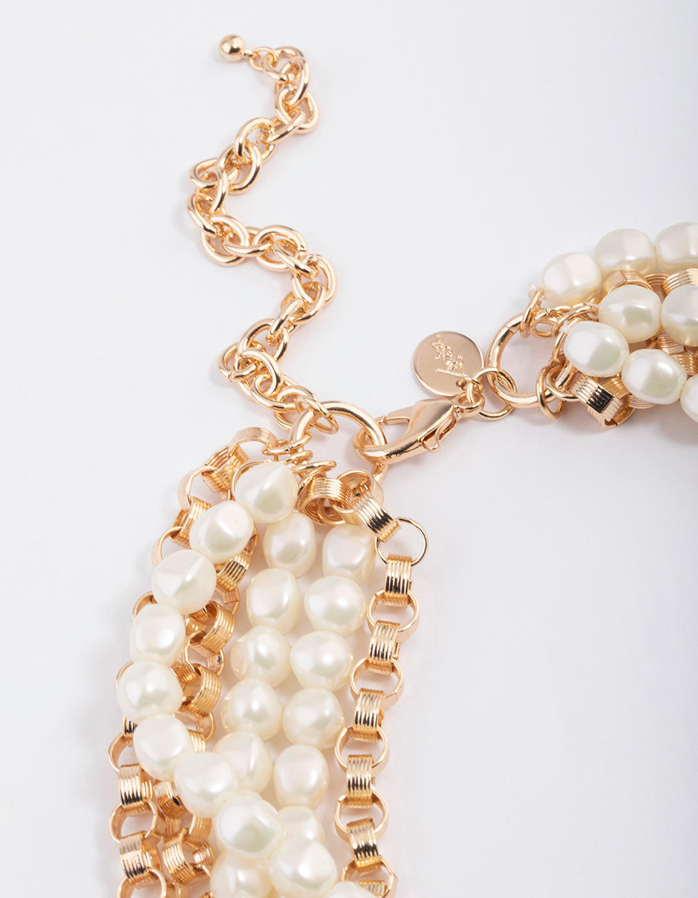 Gold Box Chain Pearl Row Necklace