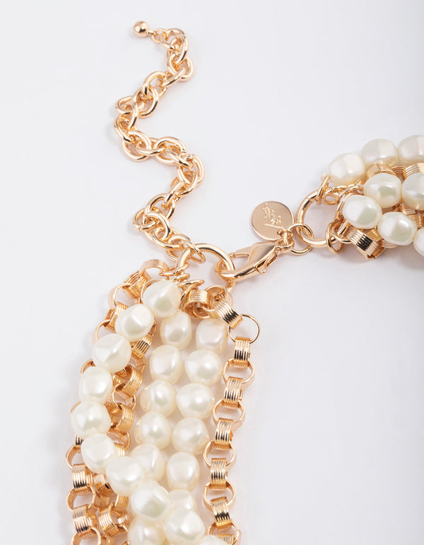 Gold Box Chain Pearl Row Necklace