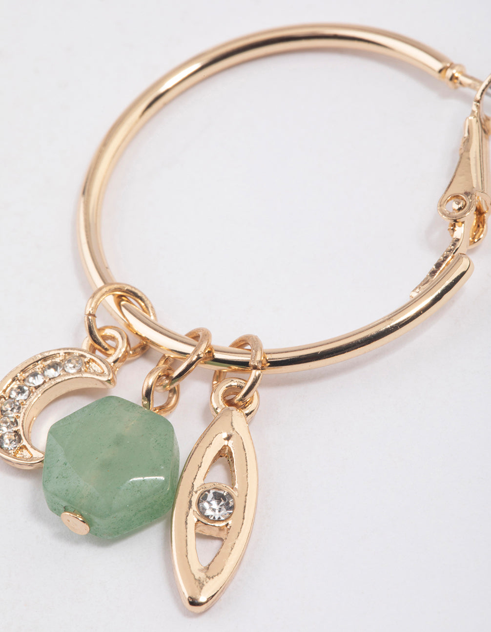 Gold Green Aventurine Eye Charm Hoop Earrings
