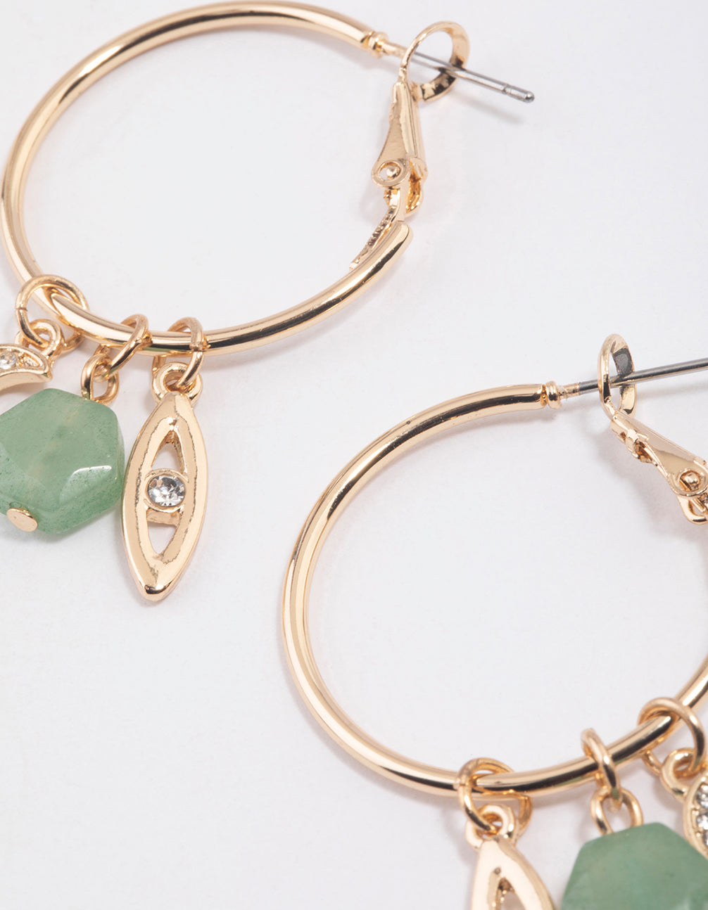 Gold Green Aventurine Eye Charm Hoop Earrings