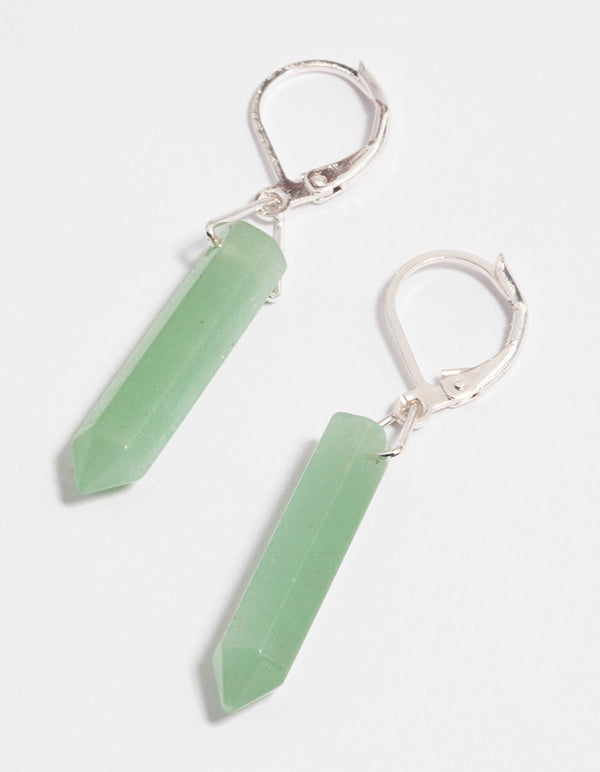 Silver Green Adventurine Long Shard Huggie Earrings