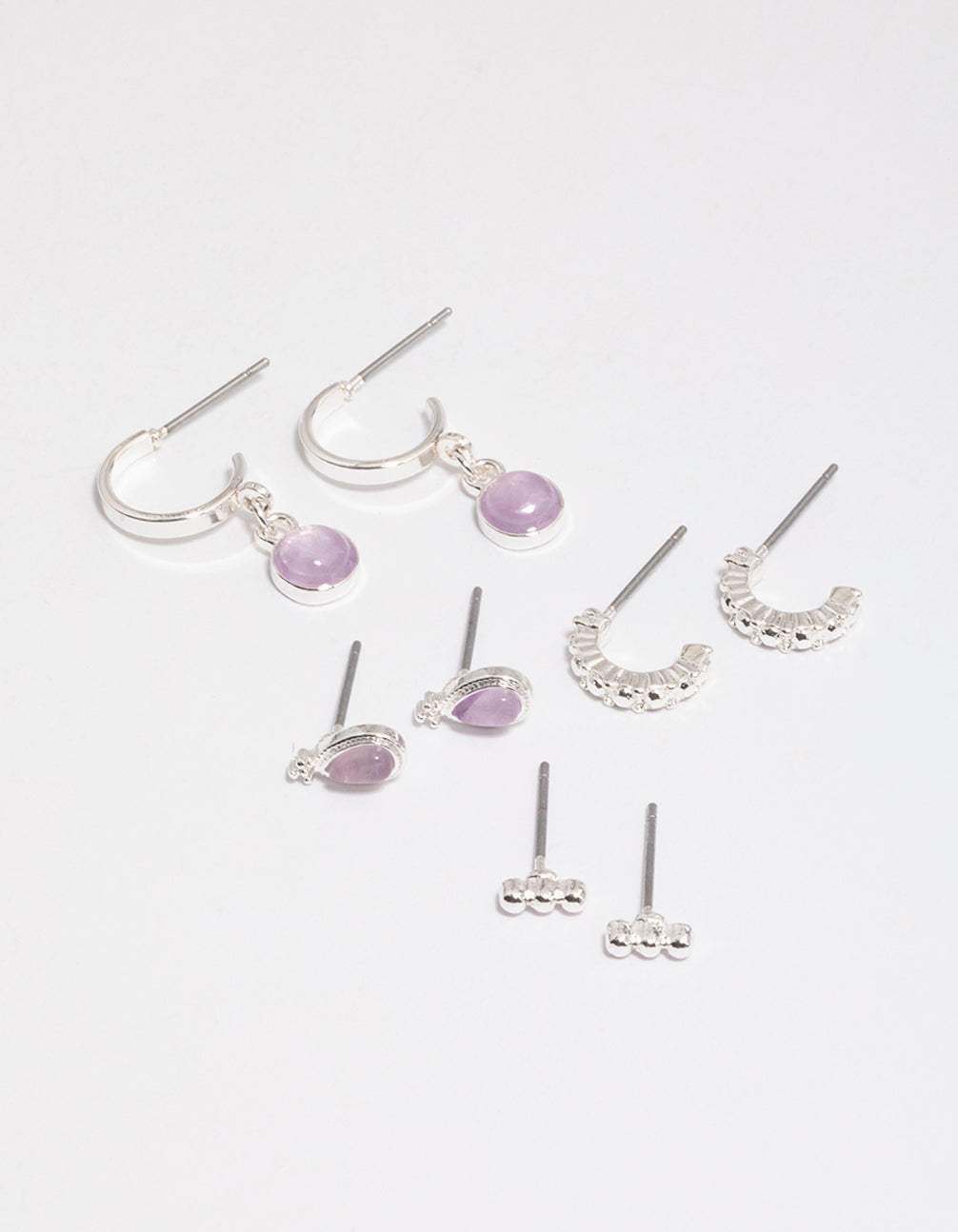 Silver Amethyst Boho Ball Stacker Earrings