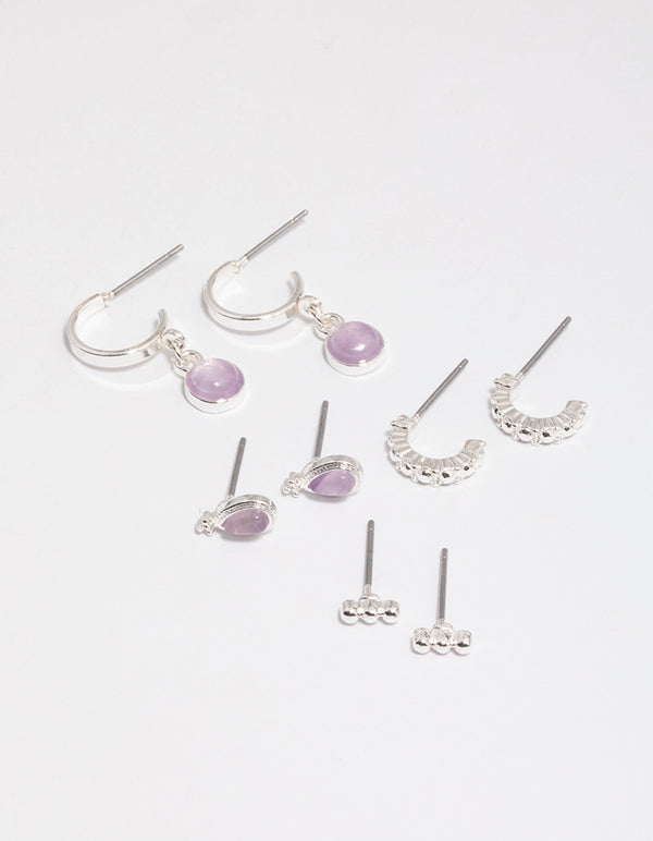 Silver Amethyst Boho Ball Stacker Earrings
