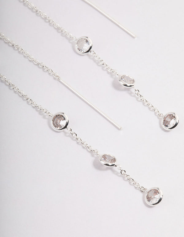 Silver Cubic Zirconia Circle Thread Through Earrings