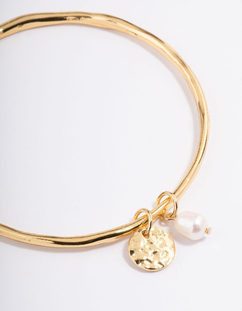 Gold Plated Freshwater Pearl Hammered Disc Bangle Bracelet