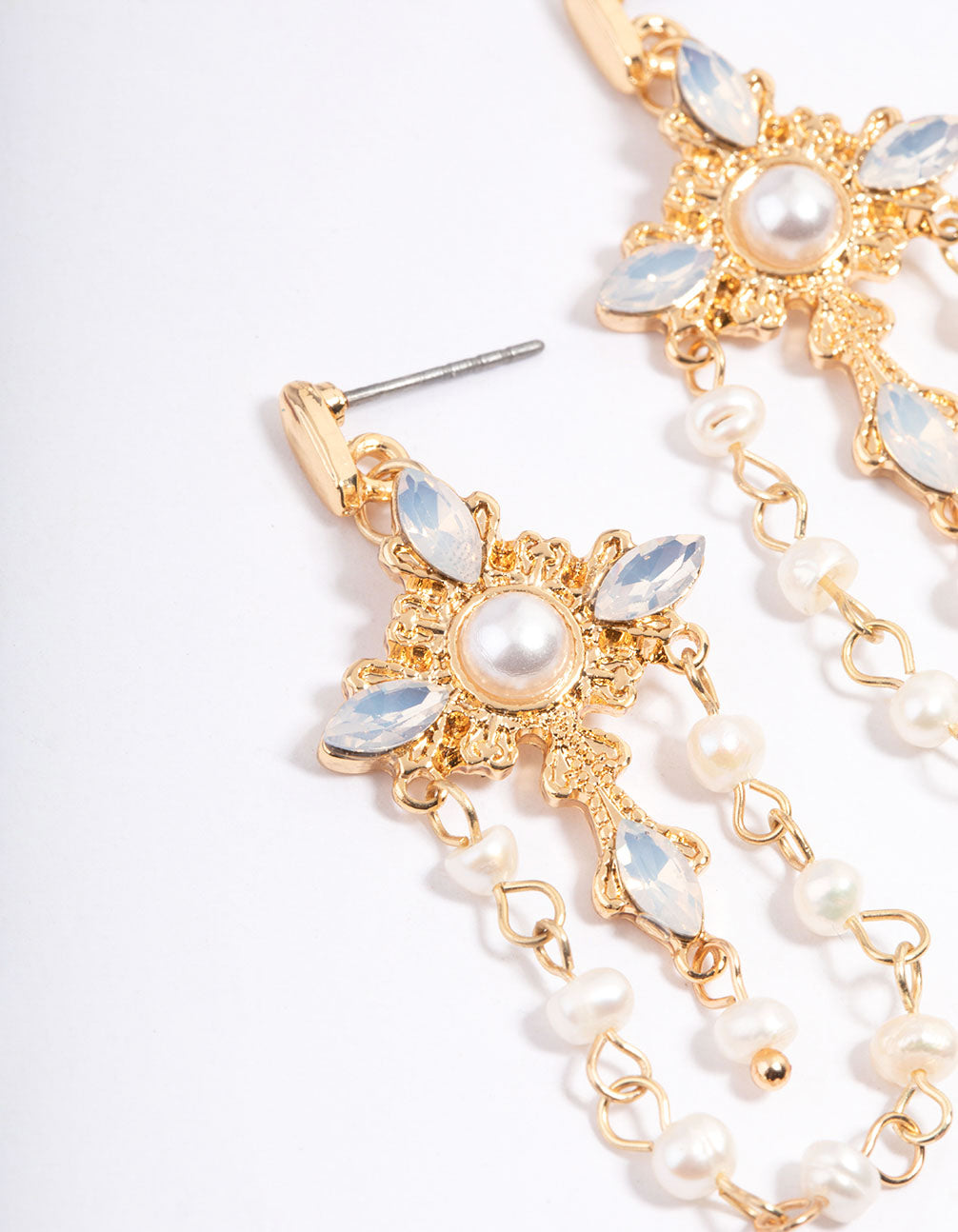 Gold Plated Embellished Freshwater Pearl Cross Earrings