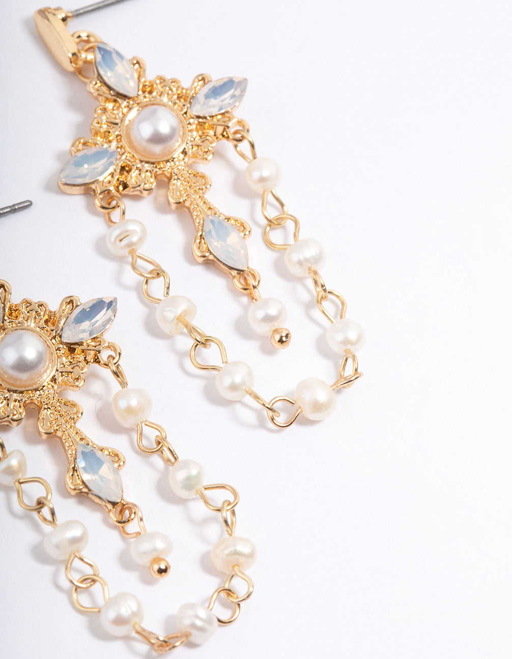 Gold Plated Embellished Freshwater Pearl Cross Earrings