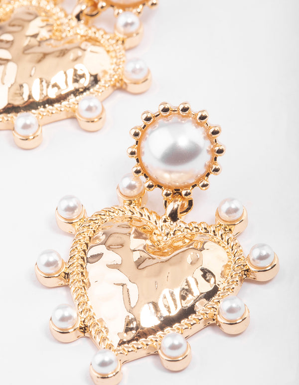 Gold Hammered Heart Pearl Earrings