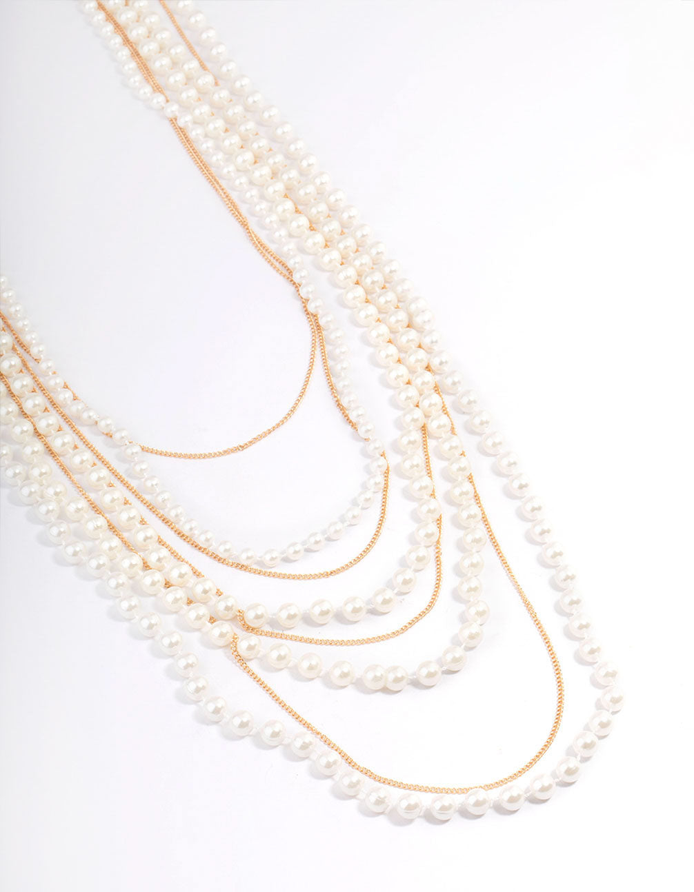Gold Pearl Long Layered Necklace