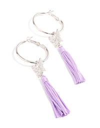 Silver Purple Flower Tassel Hoop Earrings - link has visual effect only