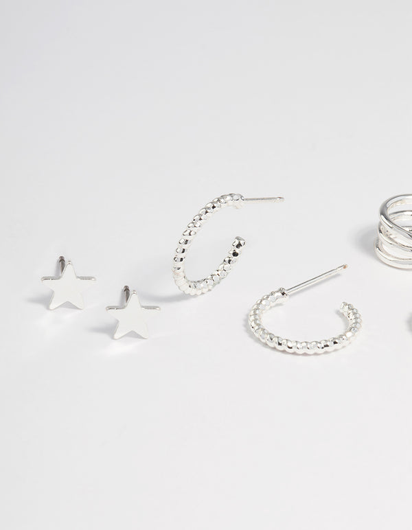 Silver Plated Star & Moon Stud Earrings 8-Pack
