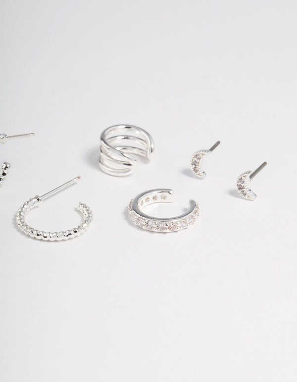 Silver Plated Star & Moon Stud Earrings 8-Pack