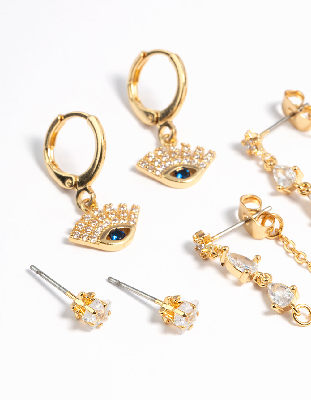 Gold Plated Cubic Zirconia Evil Eye Earrings 6-Pack