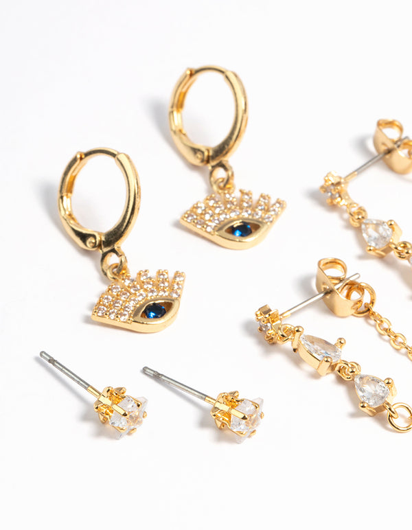 Gold Plated Cubic Zirconia Evil Eye Earrings 6-Pack