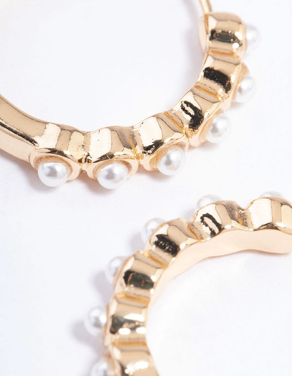 Gold Medium Dotted Pearl Huggie Earrings