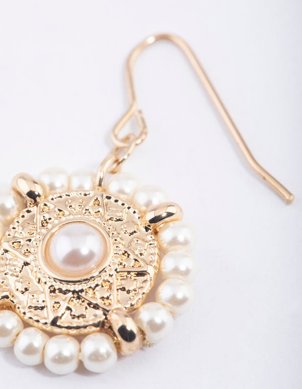 Gold Stamp Halo Pearl Drop Earrings