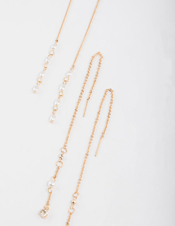 Gold Pearly Diamante Threader Earrings Pack