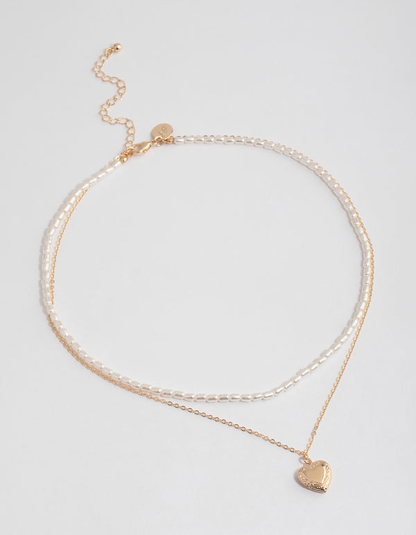 Gold Double Row Pearl Chain & Heart Locket Necklace
