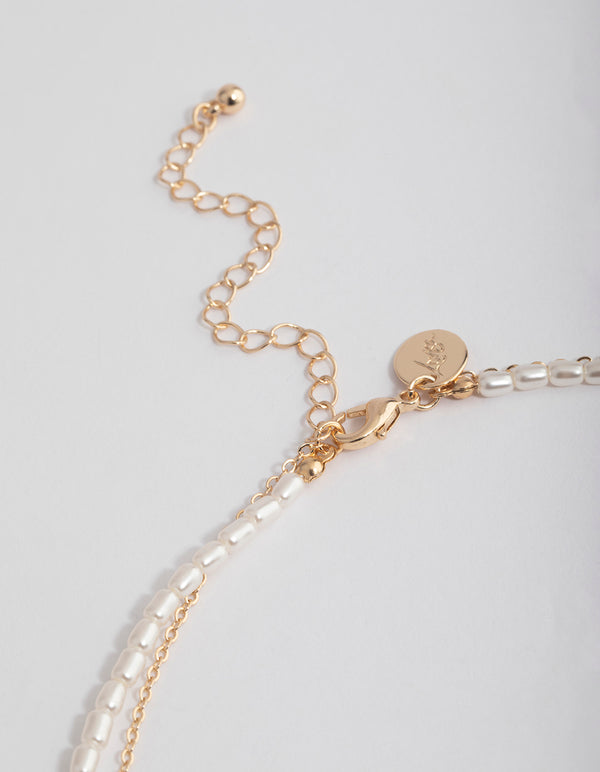 Gold Double Row Pearl Chain & Heart Locket Necklace