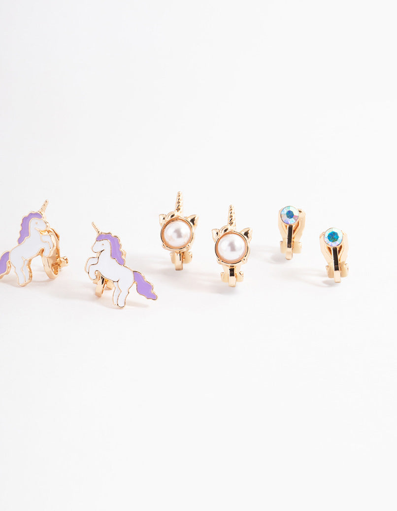 Kids Gold Unicorn & Pearl Clip On Earrings 5-Pack