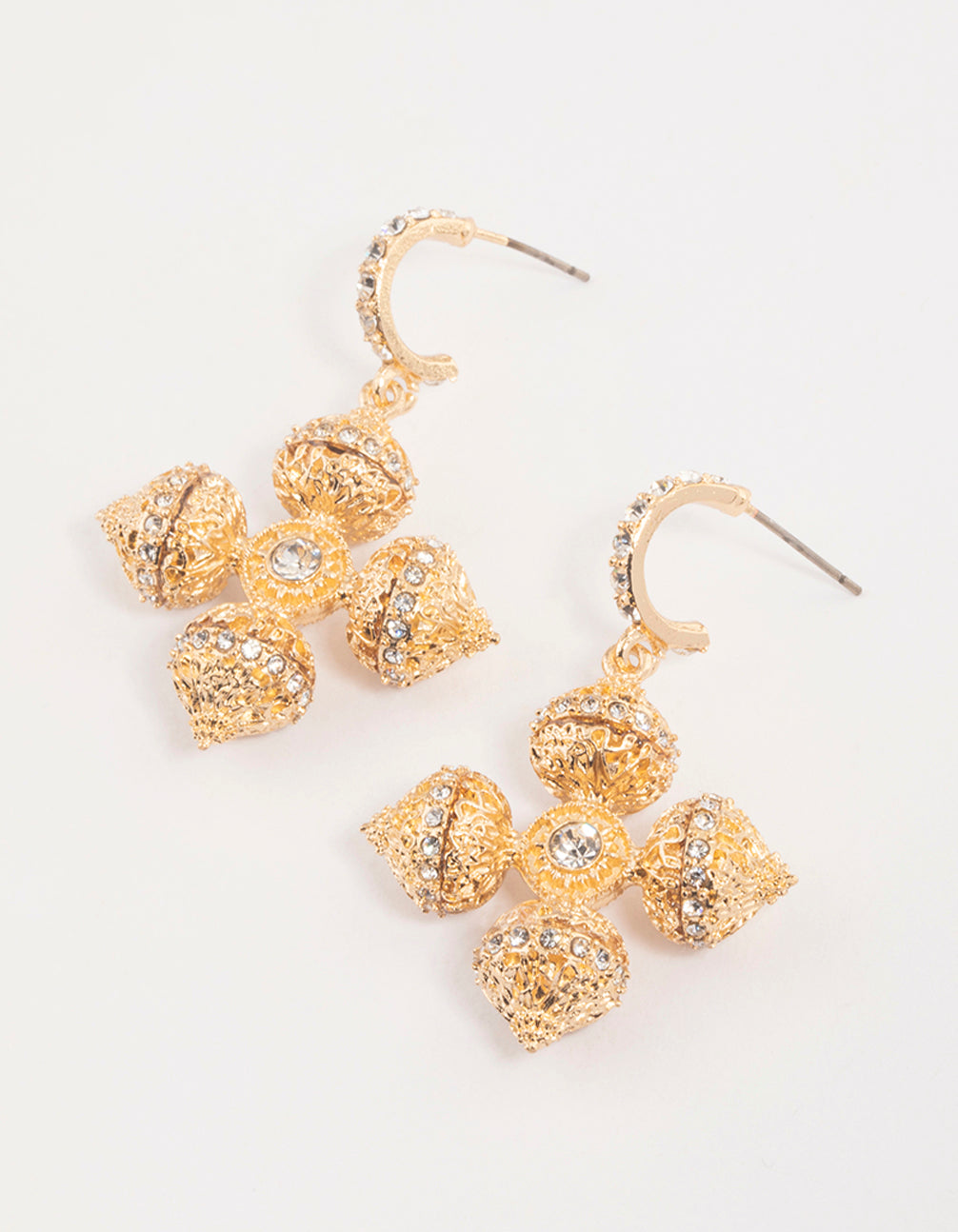 Gold Diamante Fancy Cross Drop Earrings