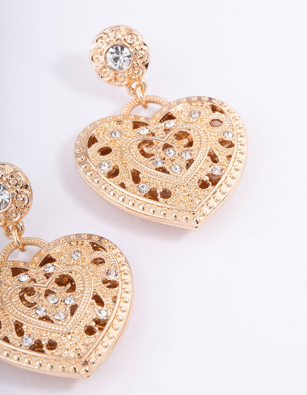 Gold Diamante Heart Filigree Drop Earrings