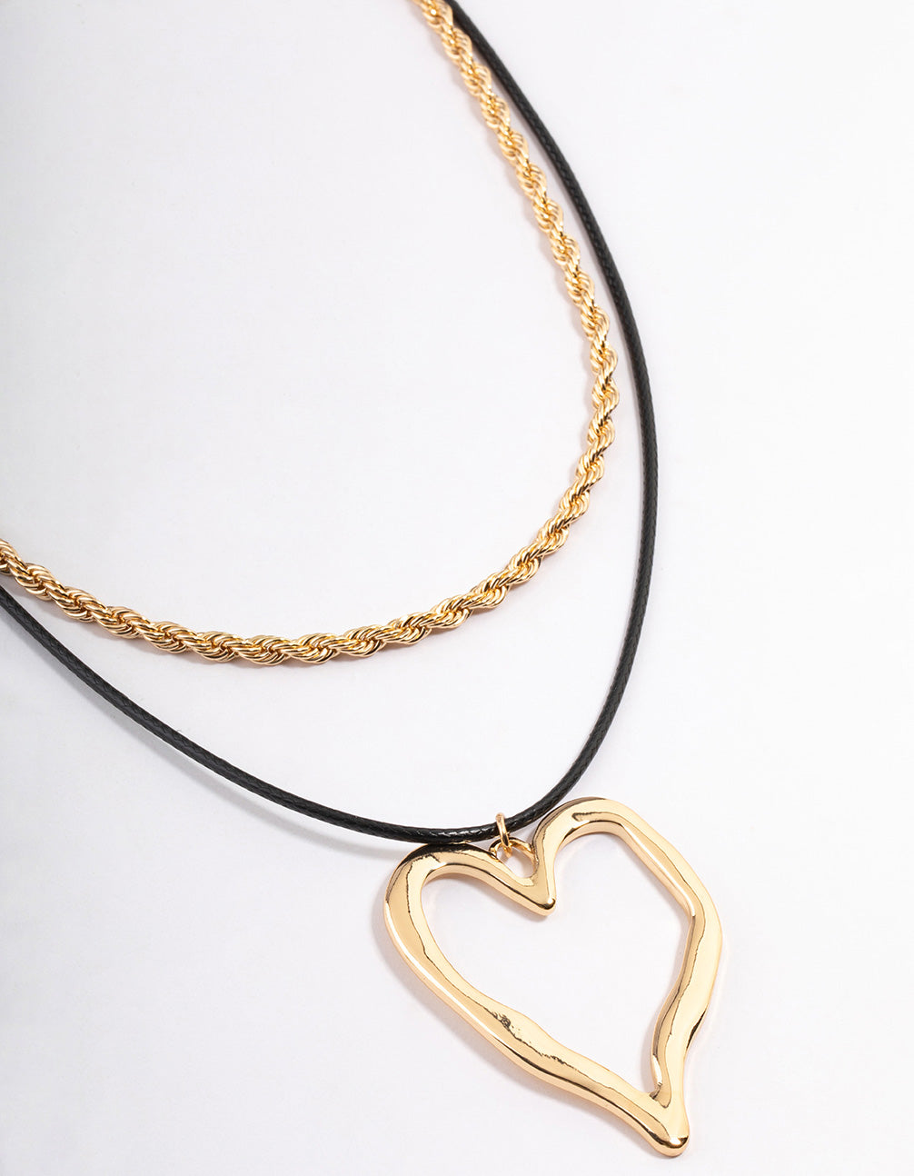 Gold Hammered Heart Rope Chain Cord Layered Necklace