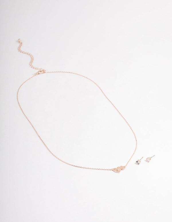 Rose Gold Cubic Zirconia Double Heart Jewellery Set