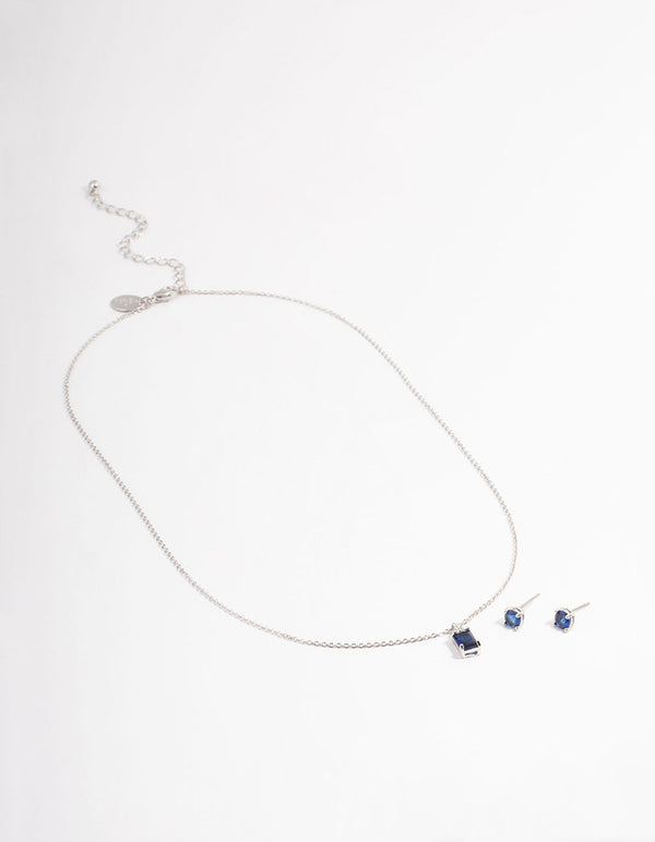 Silver Cubic Zirconia Sapphire Emerald Cut Out Jewellery Set
