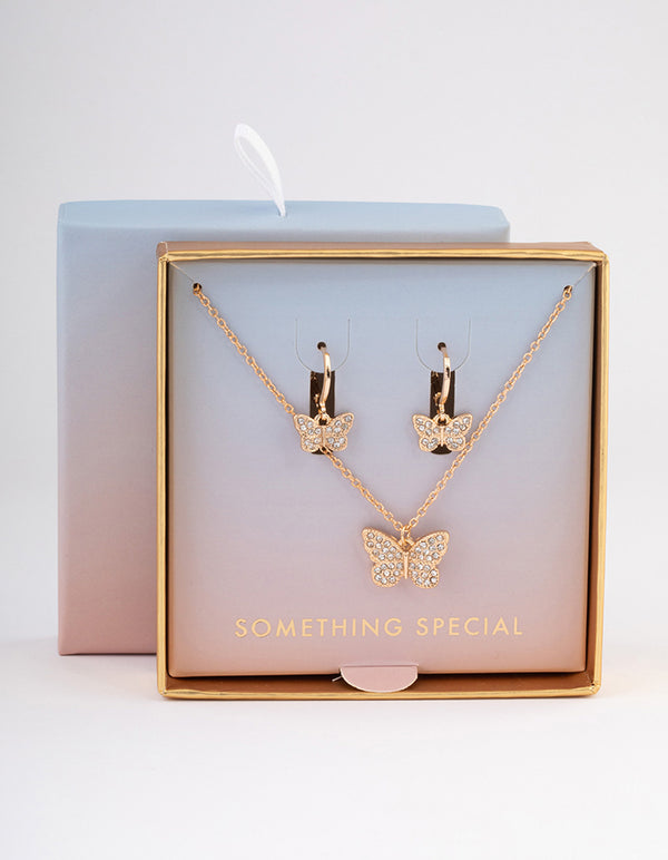 Gold Pave Butterfly Huggie Jewellery Set