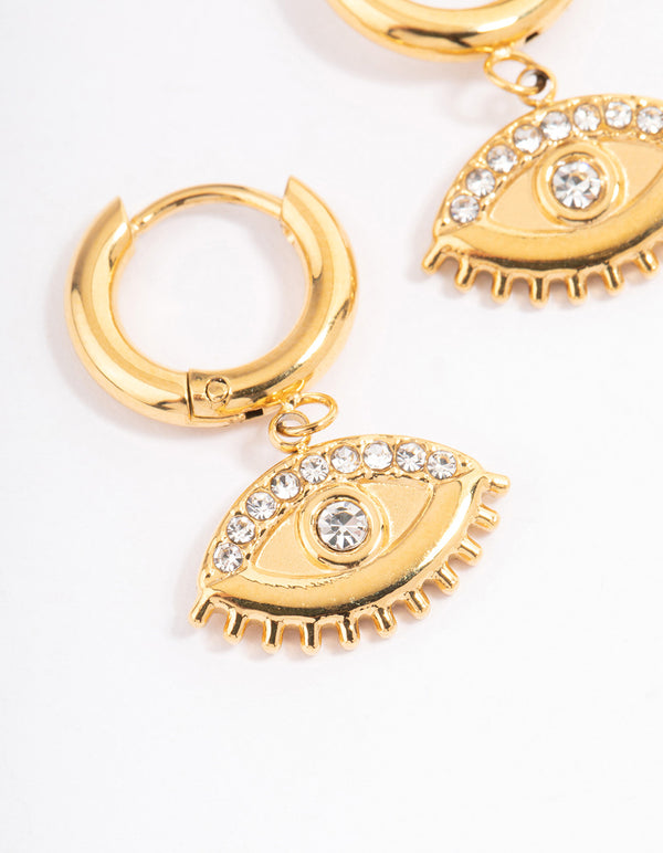 Waterproof Gold Plated Stainless Steel Diamante Evil Eye Drop Huggie Hoops