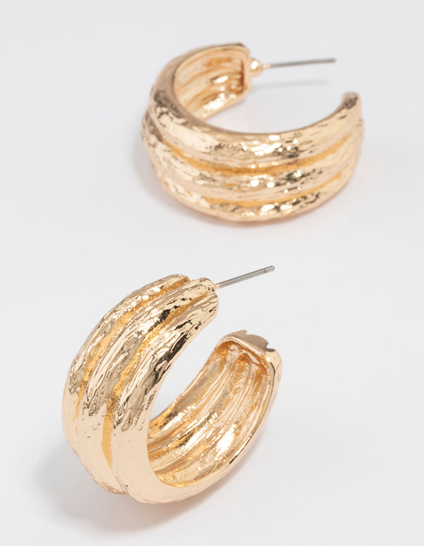 Gold Triple Row Textured Hoop Earrings