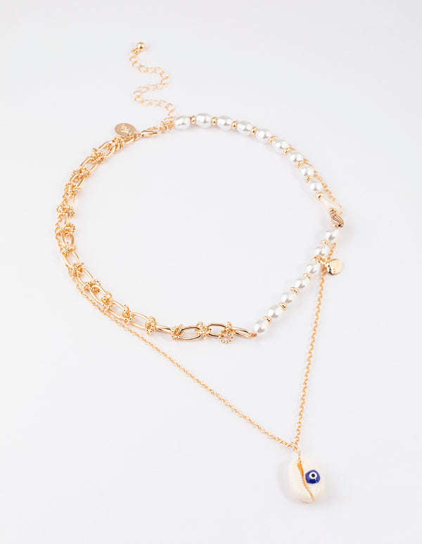 Gold Pearl Chain Shell Necklace