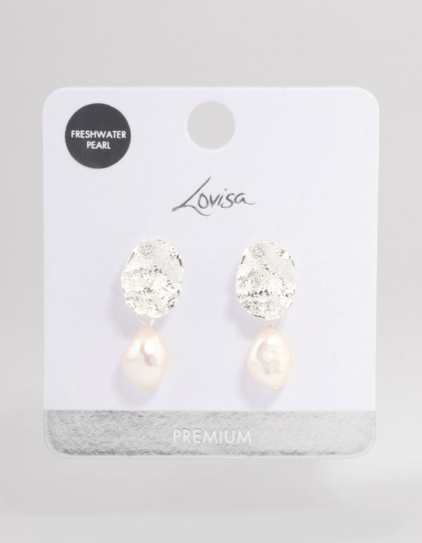Silver Plated Crater Freshwater Pearl Drop Earrings