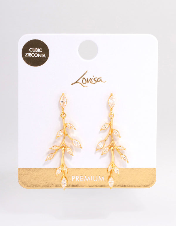 Gold Plated Cubic Zirconia Marquise Leaf Drop Earrings