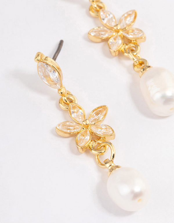 Gold Plated Cubic Zirconia Flower Freshwater Pearl Earrings