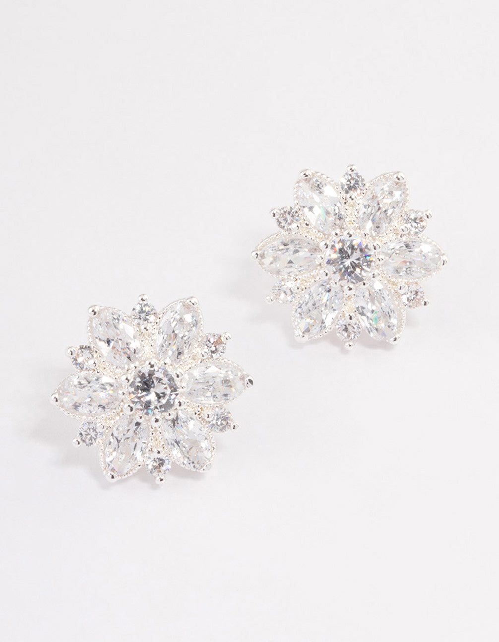 Silver Plated Cubic Zirconia Flower Stud Earrings