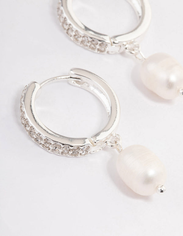 Silver Plated Freshwater Pearl Drop Cubic Zirconia Medium Huggie Earrings