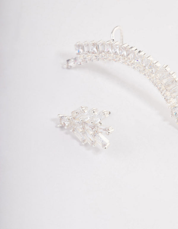 Silver Plated Cubic Zirconia Baguette Cuff Stud Earrings