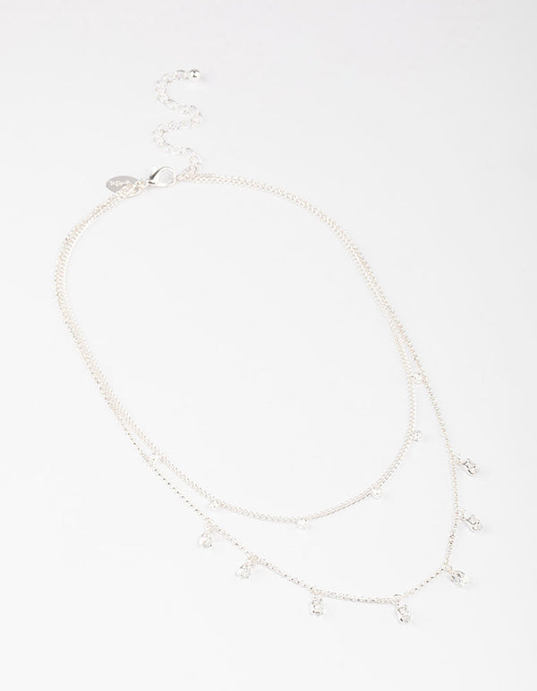 Silver Plated Dainty Cubic Zirconia Drop Layered Necklace
