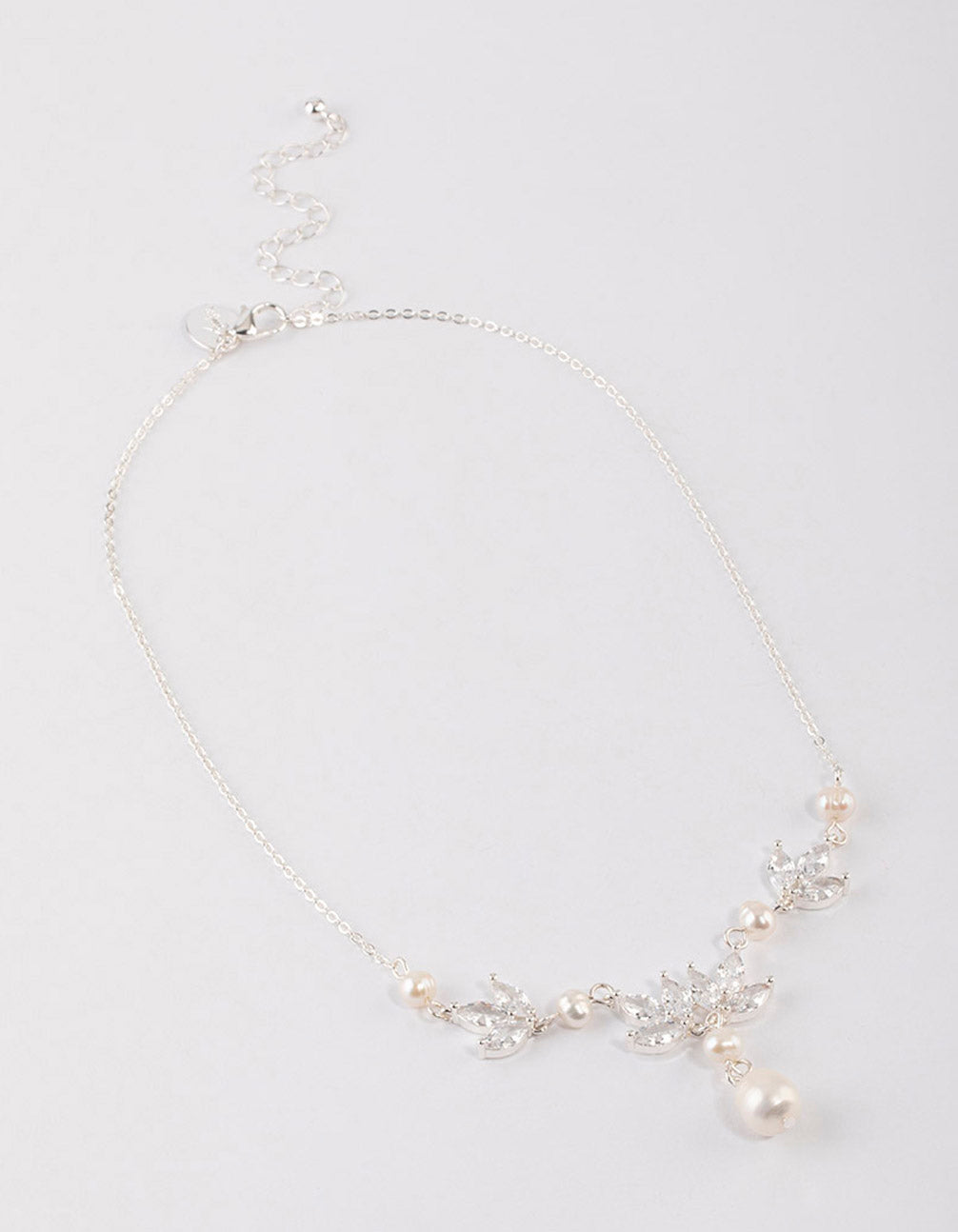 Silver Plated Cubic Zirconia Leaf Freshwater Pearl Y-Necklace