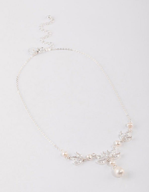 Silver Plated Cubic Zirconia Leaf Freshwater Pearl Y-Necklace