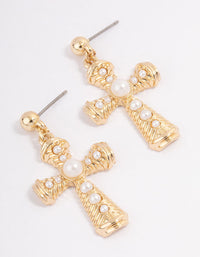 Gold Ornate Pearl Cross Drop Earrings - link has visual effect only